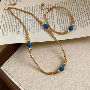 Jinfen Jewelry 18K Real Gold Electroplated Natural Stone Beaded Bracelet Necklace Retro Clavicle Chain Light Luxury High-end Necklace For Women