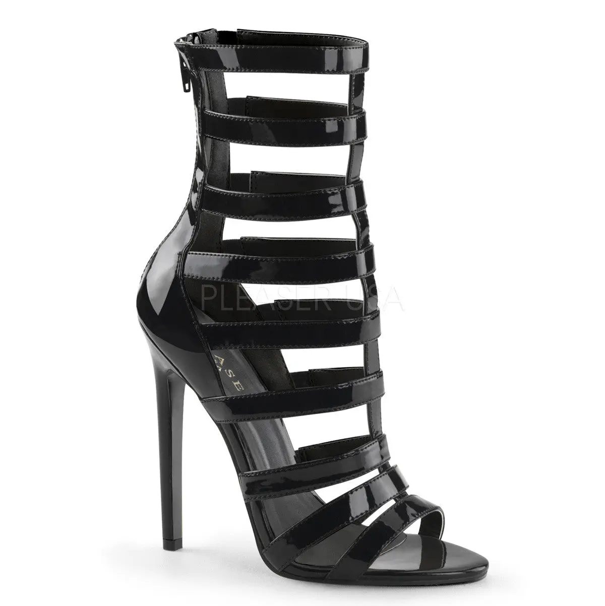 Stiletto Heels for Women, Chic Patent Leather Strappy Cage Sandals with Open Toe and Back Zip, 5 Inch Heel for Parties, Fashionable Heeled Sandals, Party, Open Toed Sandals