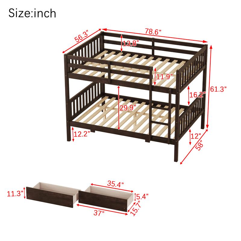 full Over full Rubber Wood Bunk Bed with 2 Drawers, Convertible into 2 full Beds, full Size Bunk Bed with Ladder and Safety Guardrails ,Espresso