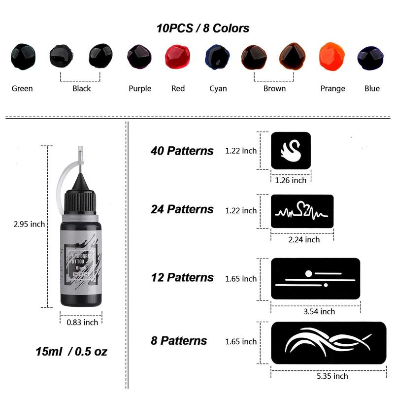 Temporary Tattoo Kit 10 Bottles Color Inks, 84 Pcs Stencils Kit for Body Paint DIY Tattoos Temp, 8 Colors DIY Fake Tattoo for Women Kids