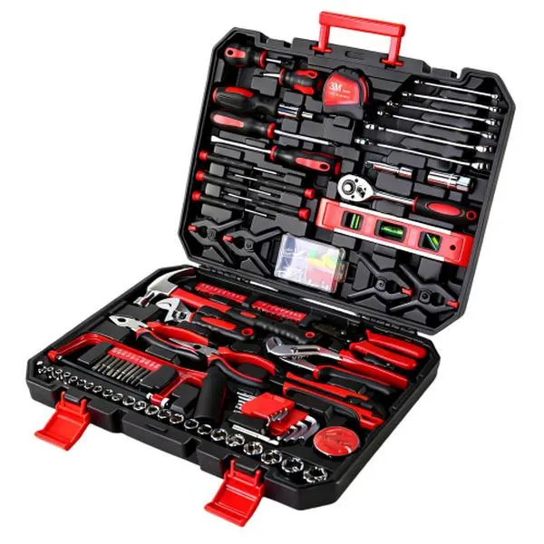 266-Piece Compact Metal Home Hand Tool Set with Rolling Tool Box - Ergonomic Rubber Grip, Ratcheting Screwdriver, Socket Set, Pliers, Hammer, Level, Tape Measure, Clamp, Wire Stripper - Garage, DIY Use - Father’s Day Gift for Dads, Birthdays
