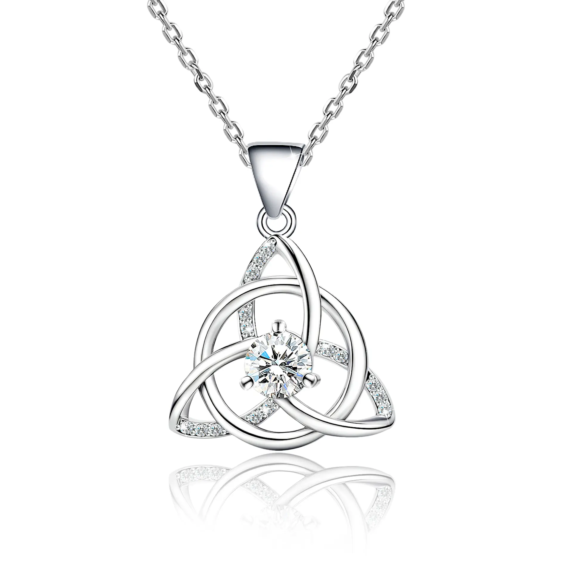 925 Sterling Silver Celtic Trinity Knot Necklace for Women, Fashion Jewelry Design Round Cut Cubic Zirconia Pendant with Pave Accents, Symbol of Eternal Love & Faith, Anniversary Christmas Birthday Gift