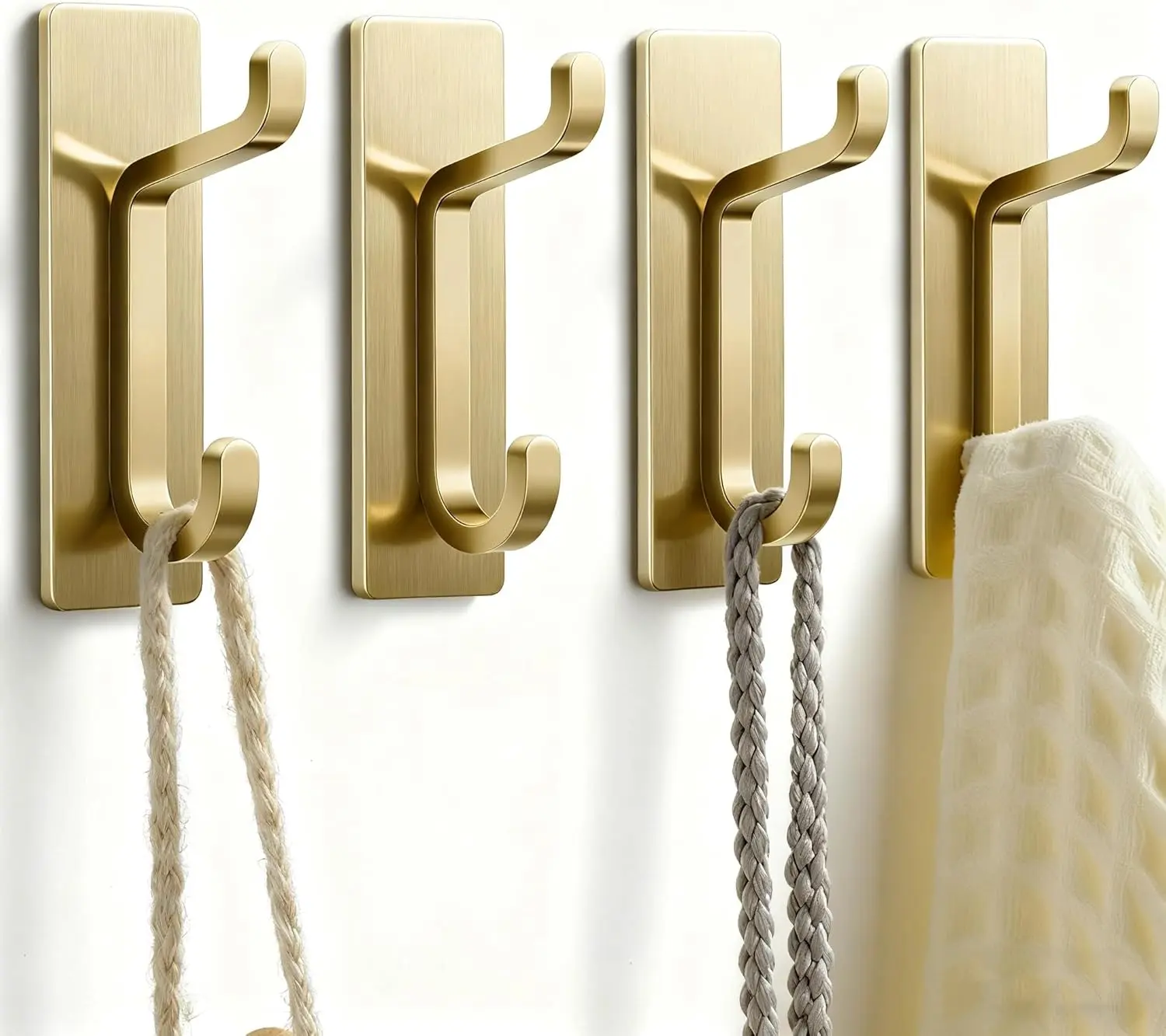 4-Pack Heavy-Duty Stainless Steel Gold Self-Adhesive Hooks, Classic Contemporary Strong Load Capacity 10 lb Stick-On Hooks for Bathroom Towels, Home Organization