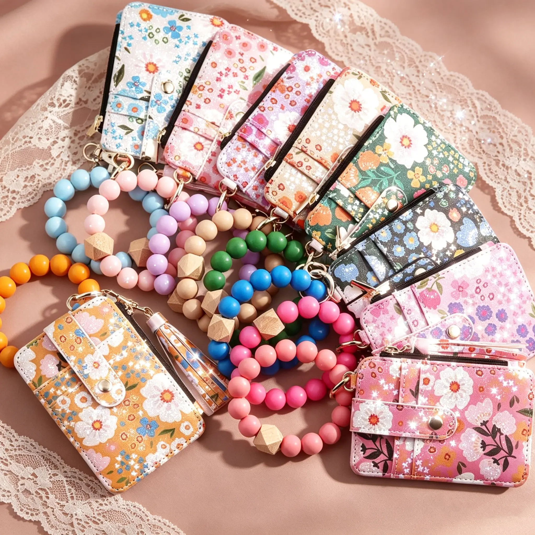 Boho Floral Beaded Tassel Key Wristlet, Flower Pattern Pendant & Mini Wallet, Stylish Bag Decor, Cute Present for Girlfriend, Fall Fashion Keychain