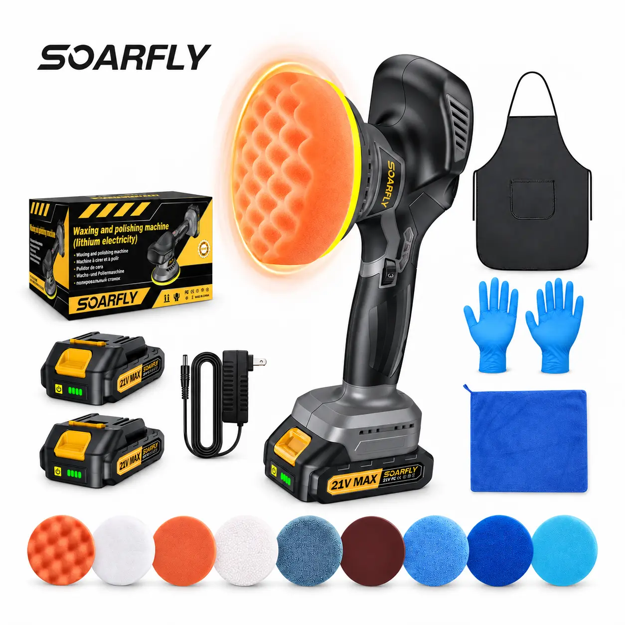 【5500RPM + 2 Batteries】 SOARFLY Cordless Car Buffer Polisher, 6-Inch 9mm Random Orbital Polisher Kit for Car Detailing, Waxing, Buffing & Polishing, 12V/21V Options