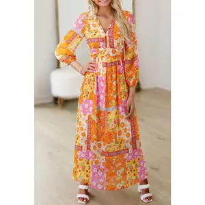 Orange Floral Patchwork Print Cut out Tied Back Bracelet Sleeve Maxi Dress