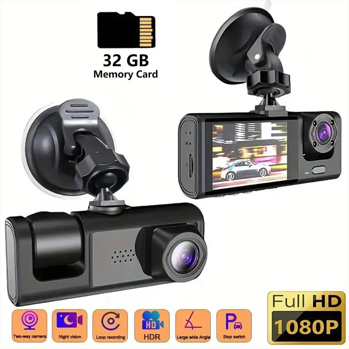 Dual Camera Dash Cam, HD Front With 2 Inch Screen, High-Sensitivity Sensor And Cycle Recording, Support Night Vision Function Camera