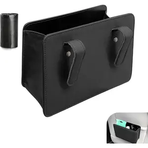 Trash Can, Leather  Trash Bin with 1 Roll Trash Bag, Mini Foldable Seat   Storage Bag Container,   Door Storage Box, Universal for   (Black)