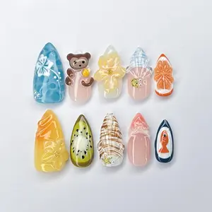 Kawaii Monkey Press On Nails, Handmade Beach Press On Nails, Playful Beach Nails, Cute Press Ons with Kiwi, Fish, Monkey, Vacation Nails