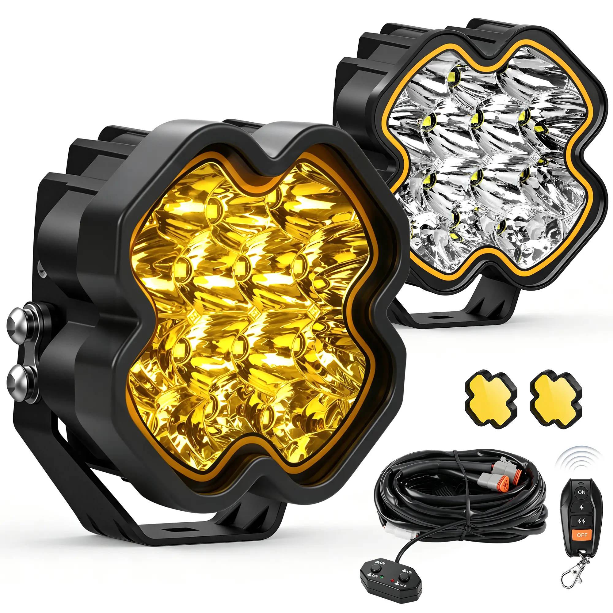 YBYZ Luma-Pro Series 4-in Dual Color LED Pods with LED Bar Light Function, 100W 8500LM White/Amber Fog Driving Lights, Wireless Remote Memory, Spot/Flood Combo Beam, Strobe Mode, Wire Kit for Trucks, SUVs, Vehicle Outdoor Lighting