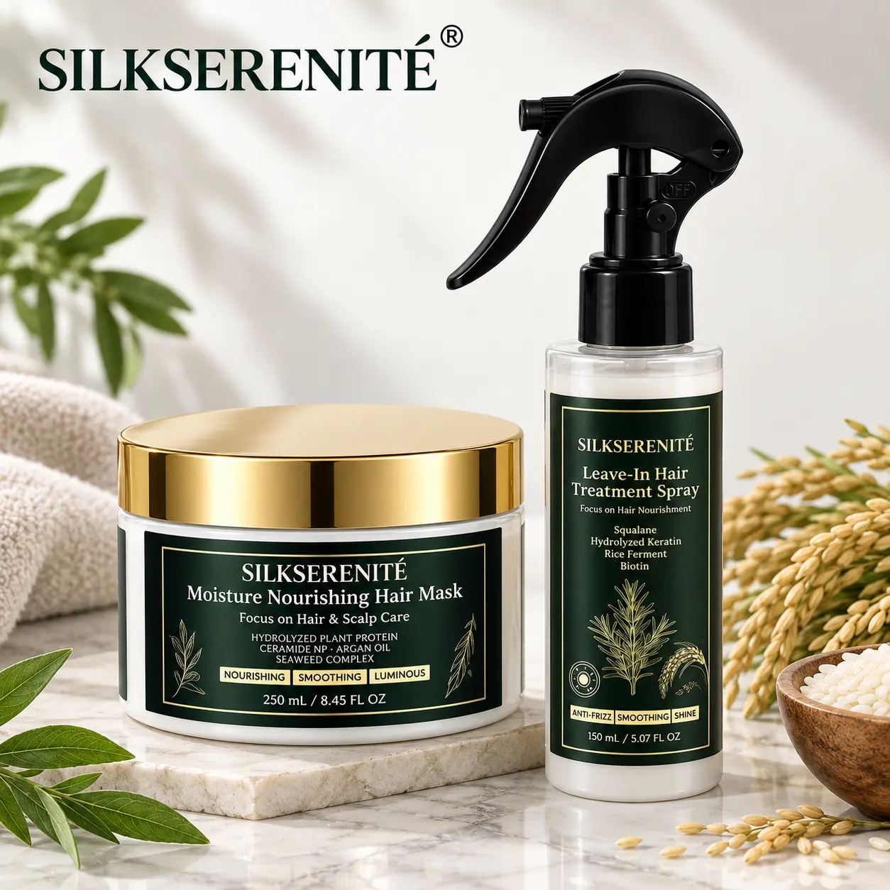 SILKSERENITÉ Hair Mask & Leave In Conditioner Spray Set, Moisturizing Hair Treatment for Dry Frizzy Hair, Smooth & Soft Hair Care, Detangling Spray for Wigs & All Hair Types