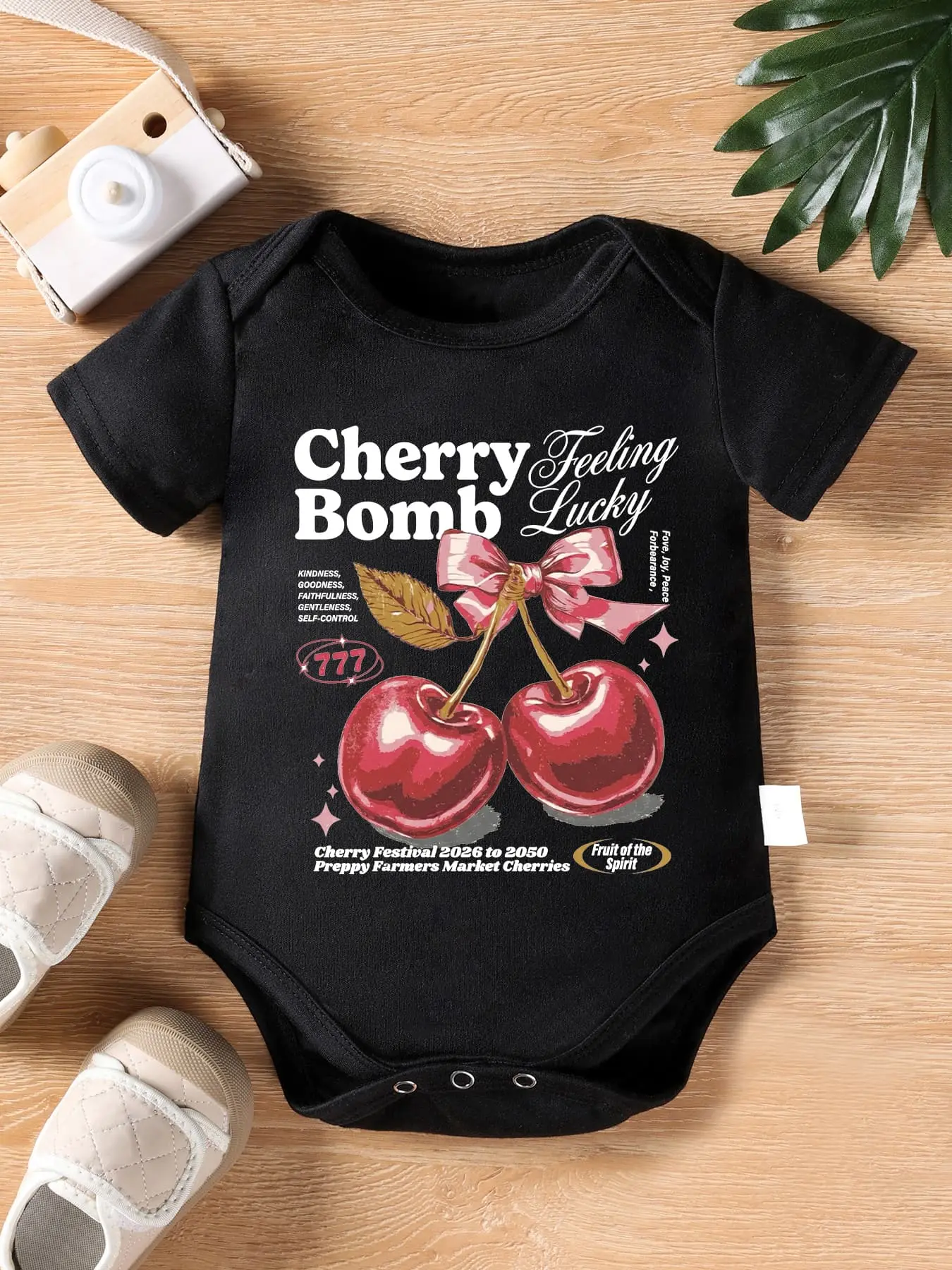 Short‑Sleeve Black Baby Bodysuit, Vintage Cherry Bow Cherry Bomb Feeling Lucky Graphic Print Soft Cotton Infant Onesie