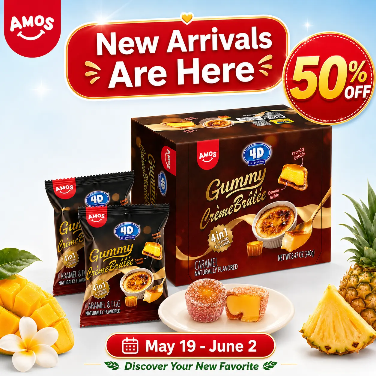 Amos 4D Caramel Gummy – Caramel Flavored Chewy Gummies, Crème Brûlée Tastes, Pudding Gummies, Soft Chewy Candy Bites, 8.47 oz (240 g) Bag Amos 4D Caramel Gummy – Caramel Flavored Chewy Gummies, Crème Brûlée Tastes, Pudding Gummies, Soft Chewy Candy Bites, 8.47 oz (240 g) Bag