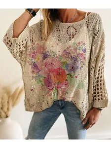 Spring/Summer style, boat neck, diamond hollow out, batwing drop shoulders, loose fit, Oversized, color-block heart & floral print, long-sleeve women's knit top, vacation style, casual commute, ladies' vest cover-up, Valentine's Day