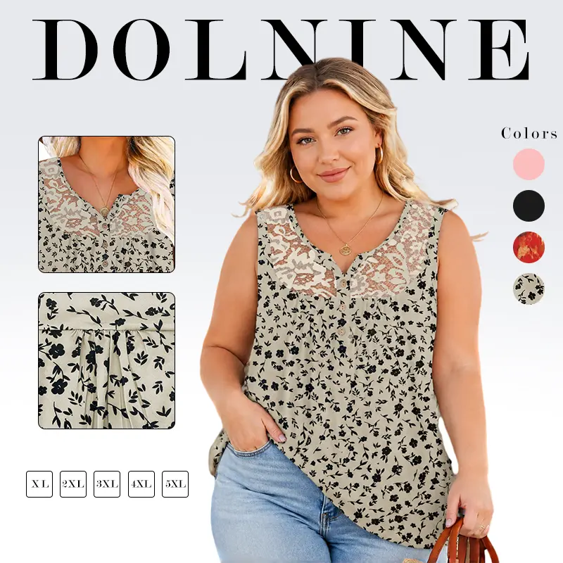 DOLNINE Women's Plus Size Casual Henley Tank Top, Stretchy Cotton V-Neck Tunic with Lace Detail and Pleated Front for Holiday, Breathable, Lightweight