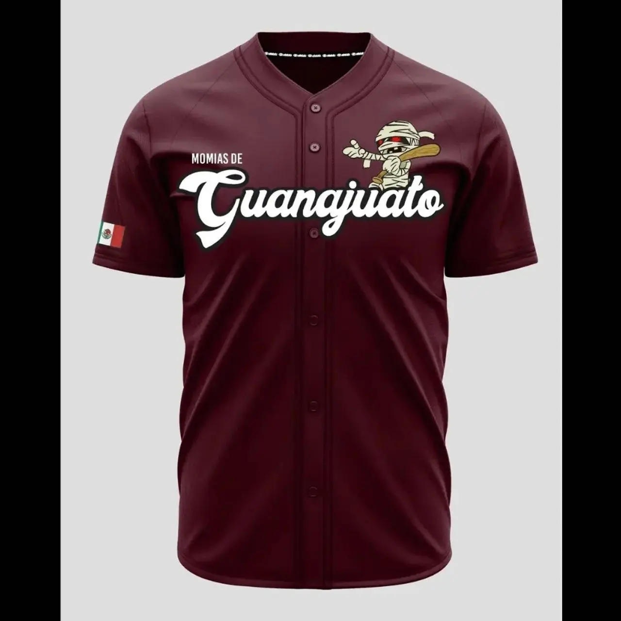 Momias de Guanajuato Maroon Baseball Jersey – Mexican Heritage Button-Up Shirt, Vintage Mummy Graphic Jersey, Unisex Sports Apparel
