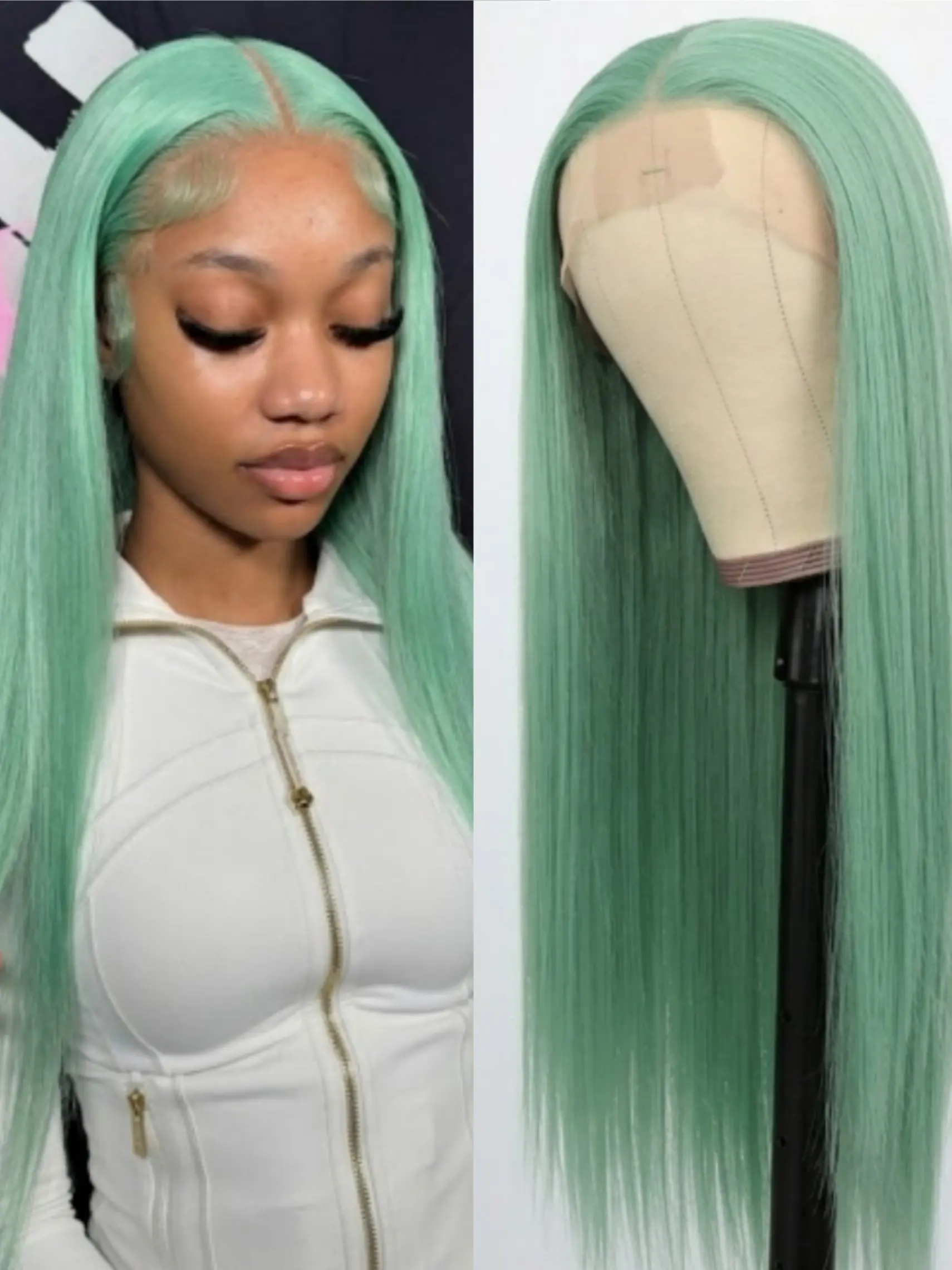 Green straight hair fashion high-definition lace wig, front lace wig, no glue, pre-pulled hairline, time-saving, heat-resistant fiber, natural, comfortable and breathable wearing process, 13*4 handcrafted lace, 28-inch long style, versatile for daily use
