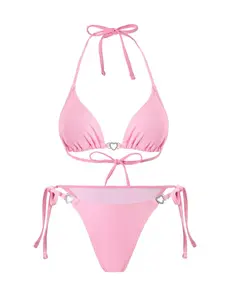 Women's Solid Bikini Set, Casual Fashion Chic V Neck Swimsuit Set for Beach Holiday Vacation, Ladies Swimwear for All Seasons