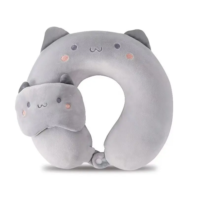 Rumilife Bear U-Shaped Cat Plush Neck Pillow & Eye Mask Set - Travel Comfort Cushion, Sleep Cushion