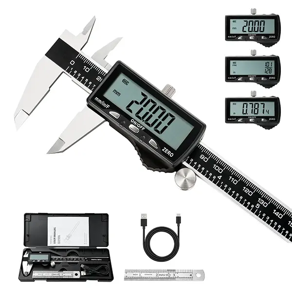 Digital Vernier Caliper, Type-C Rechargeable Stainless Steel Caliper with LCD Screen, Inch / MM / Fraction Unit Switch, Precision Measuring Tool for Industrial Machining, Woodworking & DIY Hobbyists