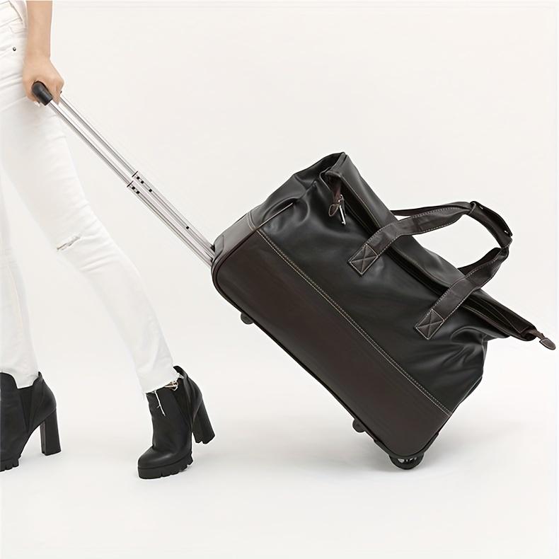 Faux Leather Rolling Duffel Bag Wheeled Weekender Travel Luggage with Telescopic Handle