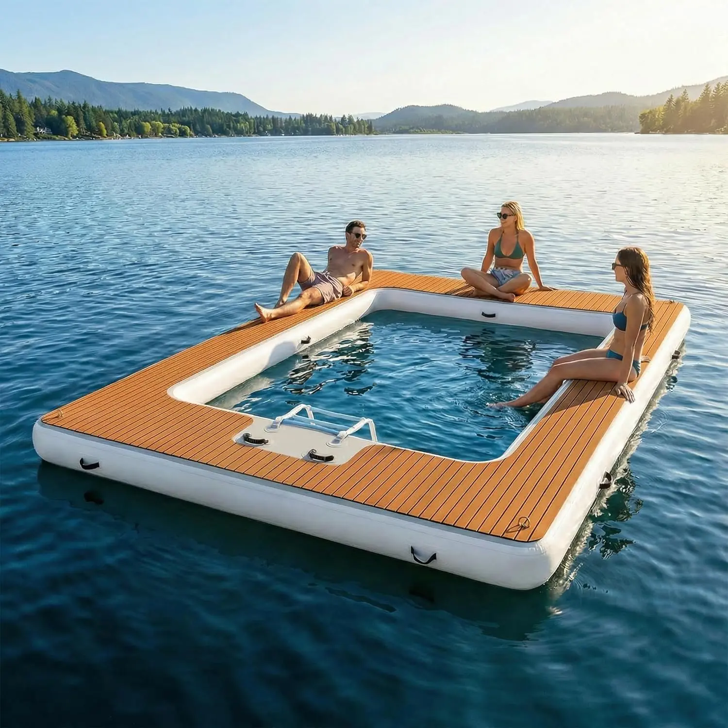 Inflatable Floating Dock Platform, E-Shaped & Pool-Style Water Mat with Non-Slip EVA Deck for Yacht, Boat, Lake, Swimming, Gear Staging & Water Recreation
