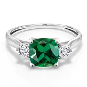 Gem Stone King 10K White Gold Green Nano Emerald and White Moissanite 3-Stone Engagement Ring For Women | 0.91 Cttw | Cushion 7MM | Wedding Engagement Anniversary Promise Ring For Women