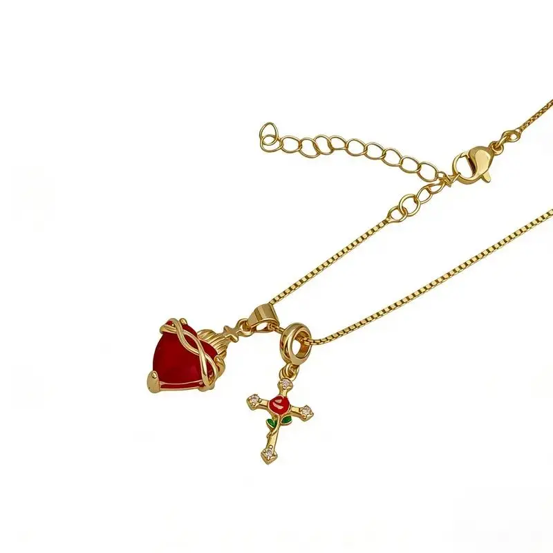 New Copper Heart-Shaped Rose Cross Multi-Pendant Collarbone Necklace - Cross Pendant Jewelry, Zircon Gemstone Necklace, Combined Setting, Gold Aesthetic Layering-Fit Sentimental Anniversary Gift, Sentimental Necklaces
