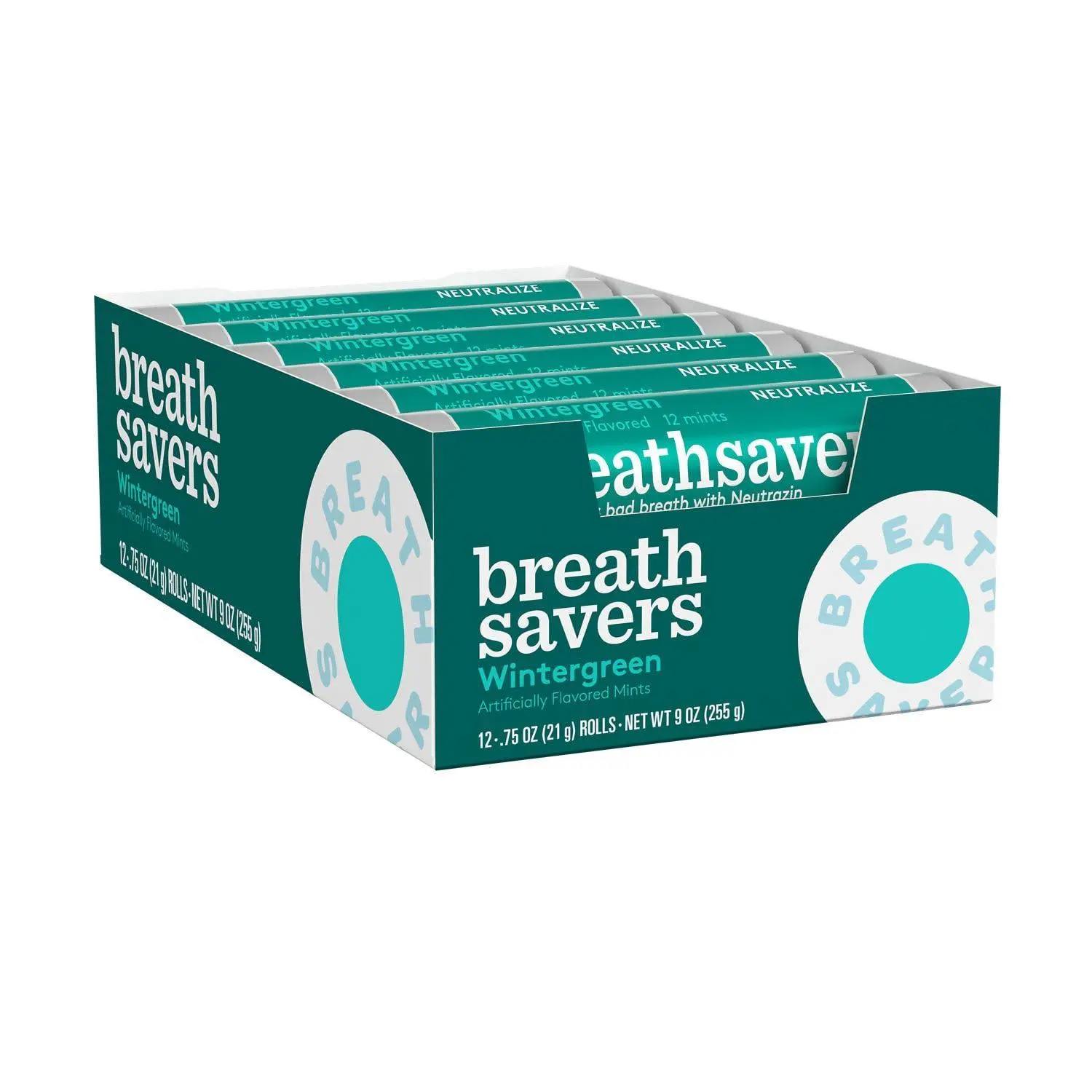Breathsavers Wintermint Flavor Breath Mint Candies, 12-Ct 0.75 Oz Rolls, Sweet Snacks for Adults, Ideal for Parties