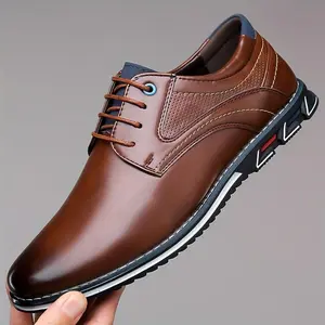Men's Plus Size Closed PU Leather Solid Casual Walking Shoes - Lace-up, Wear-resistant, Non-slip Work Shoe - For Business Professionals - Suitable for Office, Daily Use,summervibes