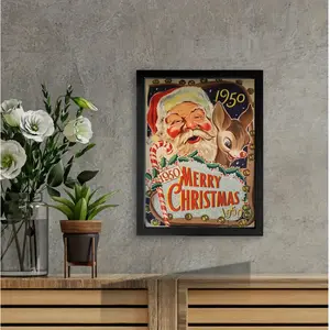 1PC Black Framed Wall Art, Attached Photo Frame,Santa Claus Wood Frame Canvas Prints Poster, Birthday Party Decor, Christmas Easter Gift, Home Living Room Office Wall Decor, Perfect Gift and Home Decor wall art wall decor