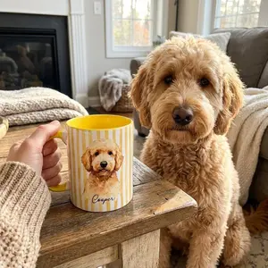 Custom Pet Portrait Mug, Personalized Watercolor Drawing from Dog & Cat Photo Cup, Pet Face Picture Gift for Animal Owner Image Striped Mug