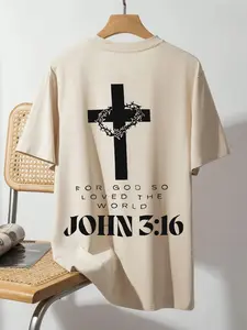 Men's Jesus Saved Me Cross Print Street Style Short Sleeve T-Shirt, Loose Fit Comfortable Casual Top for Summer Daily Wear