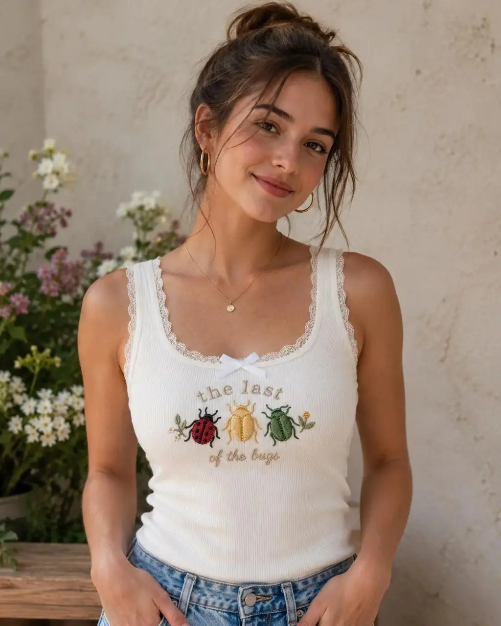 The Last of the Bugs Embroidered Lace Tank Top, Cute Ladybug Beetle Ribbed Cami, Cottagecore Nature Y2K Gift for Women