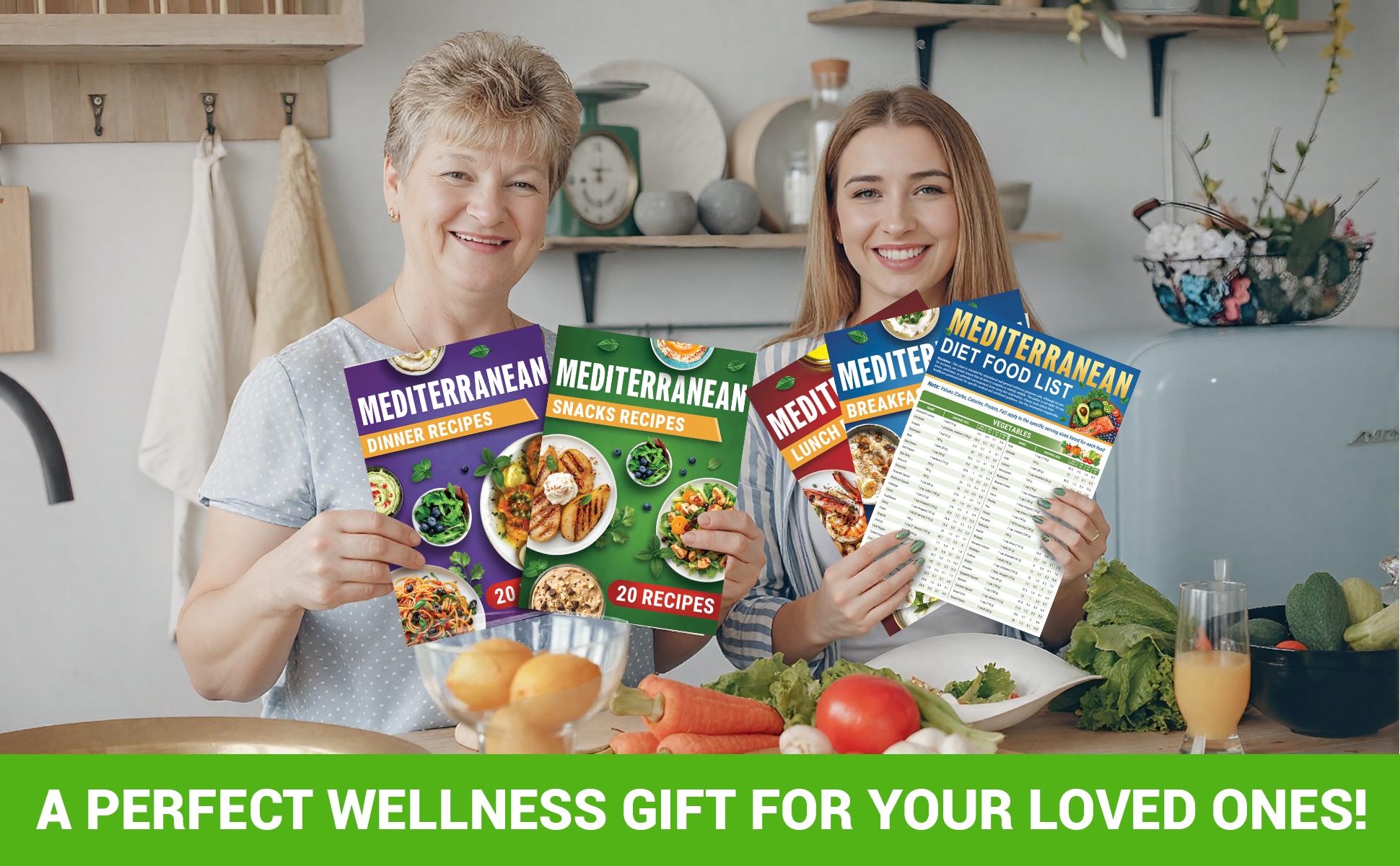 Mediterranean Diet for Beginners & Seniors, 6 Laminated Charts with 28-Day Meal Plan, Mediterranean Food List, 80 Recipes with Macros, Blue Zone Inspired Low Cholesterol Healthy Eating Guide