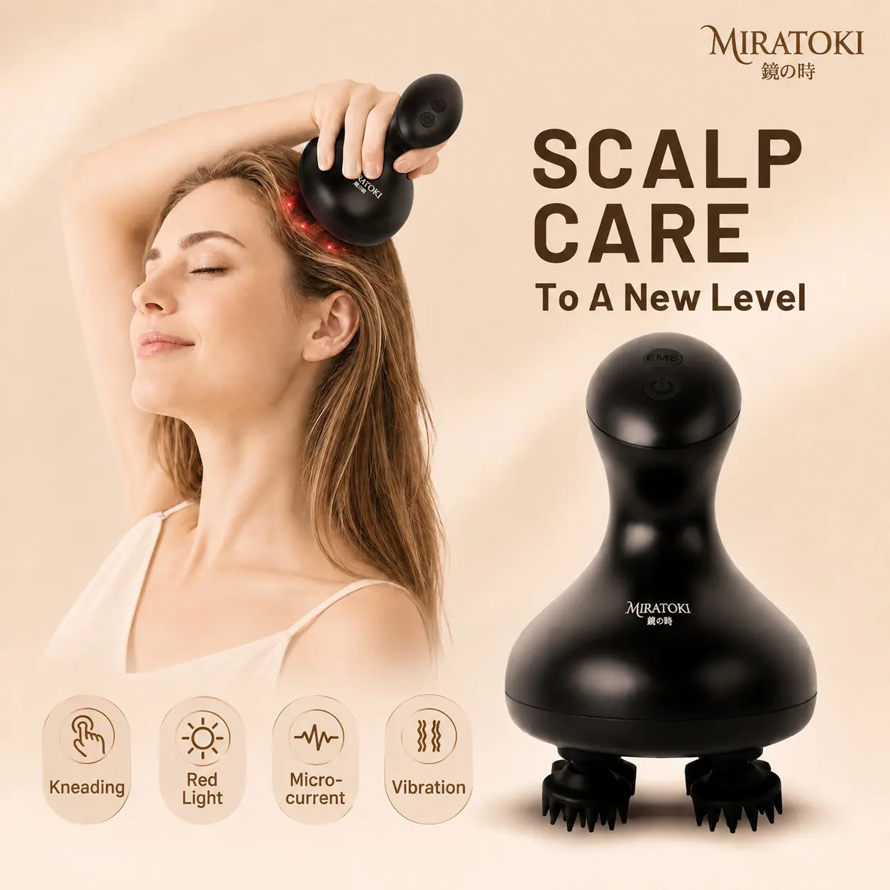 MIRATOKI CocoWave 4-in-1 Face & Scalp Massager, True Japanese Shiatsu Technology, Red Light for Healthier Scalp, Electric Head Spa Device Rotate Kneading and Vibration for Facial Massage, Scalp Care, Neck & Body Relaxation