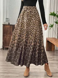 Women's Plus Size Leopard Print Belted Skirt, Casual High Waist A-Line Midi Dress, Summer Fashion Clothing for Women