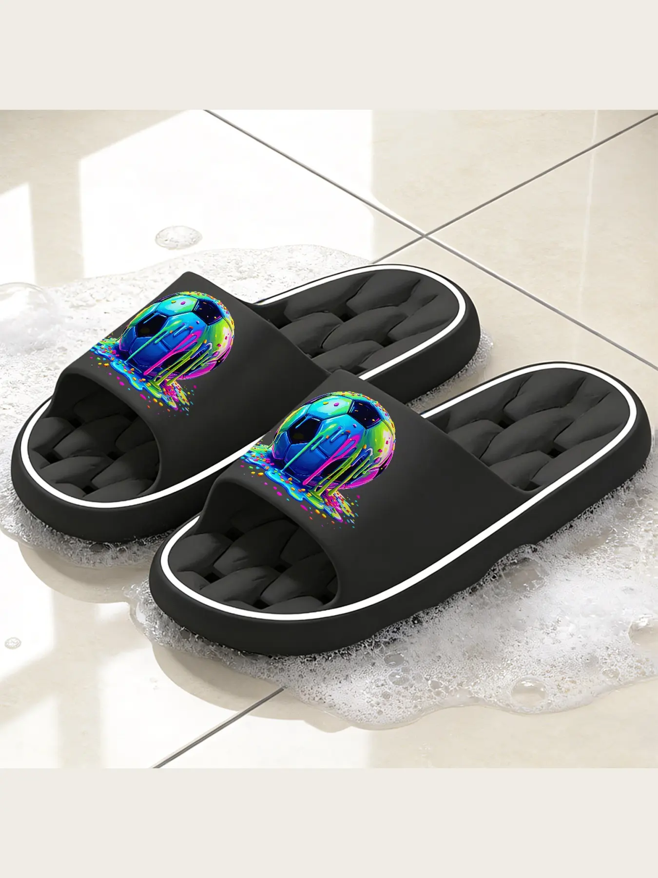 Vibrant Dripping Rainbow Paint Soccer Clogs, Fun Neon Glitter Sprinkles Football Pattern Slip On Slippers, Non Slip Soft Lightweight Cushioned Casual Shoes, Bold Art Sport Themed Footwear For Indoor Outdoor Beach Shower Daily Wear