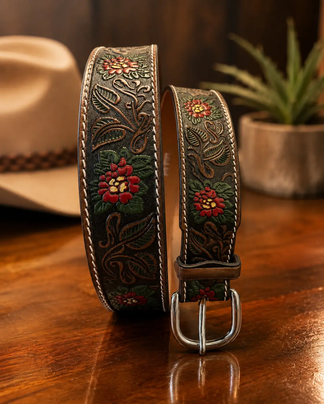 Brown Floral Embossed Leather Belt with Silver Buckle - $45.99