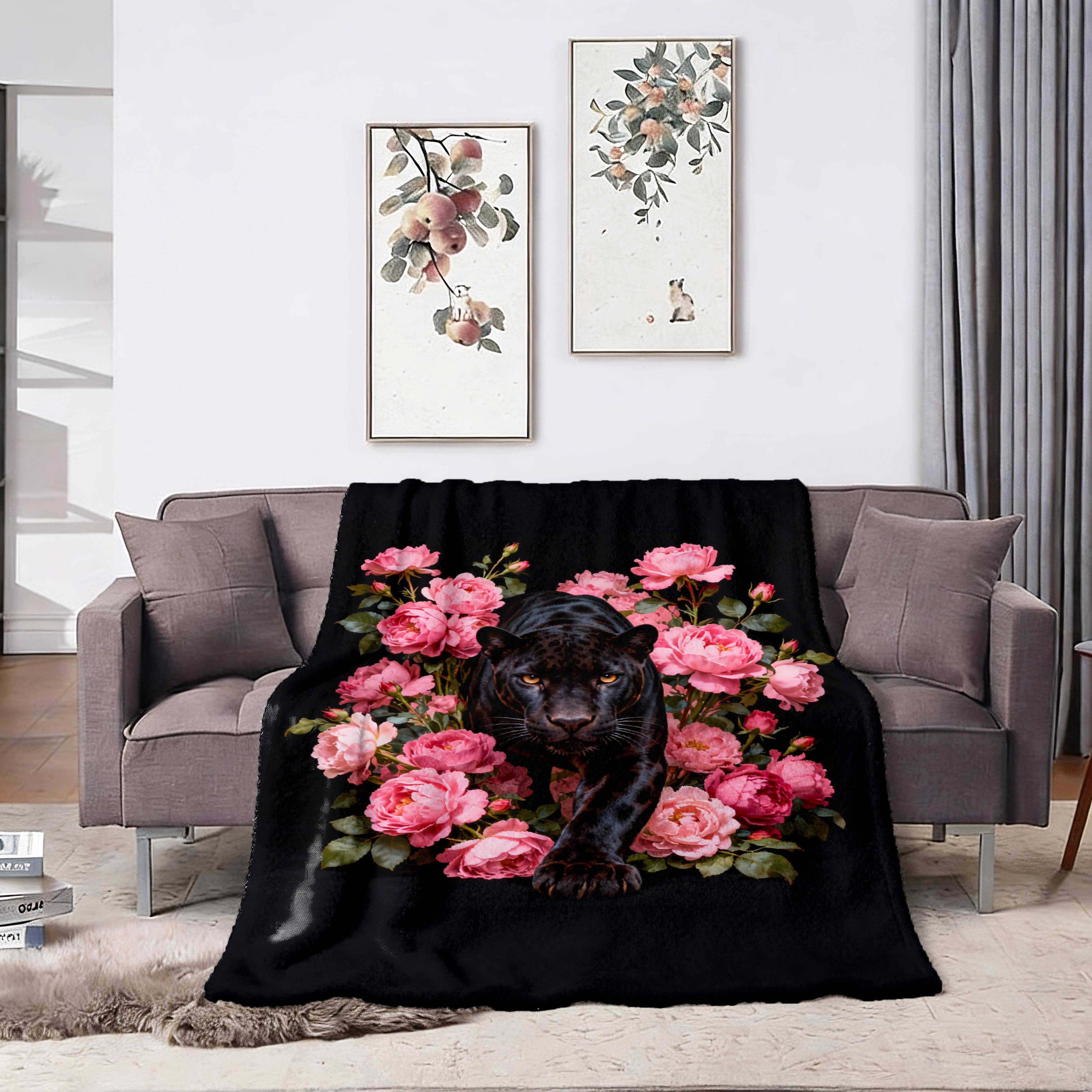 Black Panther Pink Peony Flannel Fleece ThrowBlanket Ultra Soft HD Print Floral Animal Design NonShedding Warm Cozy Lightweight Sofa Couch BedroomHome Decor Unique Gift
