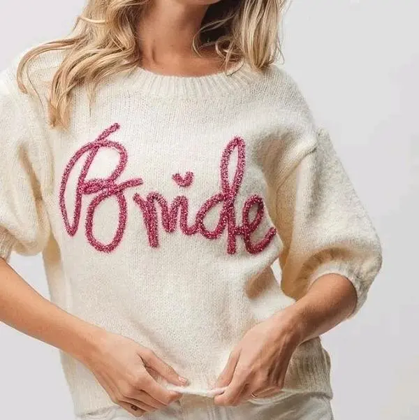 Bride Metallic Letter Short Puff Sleeve Hairy Sweater for Women
