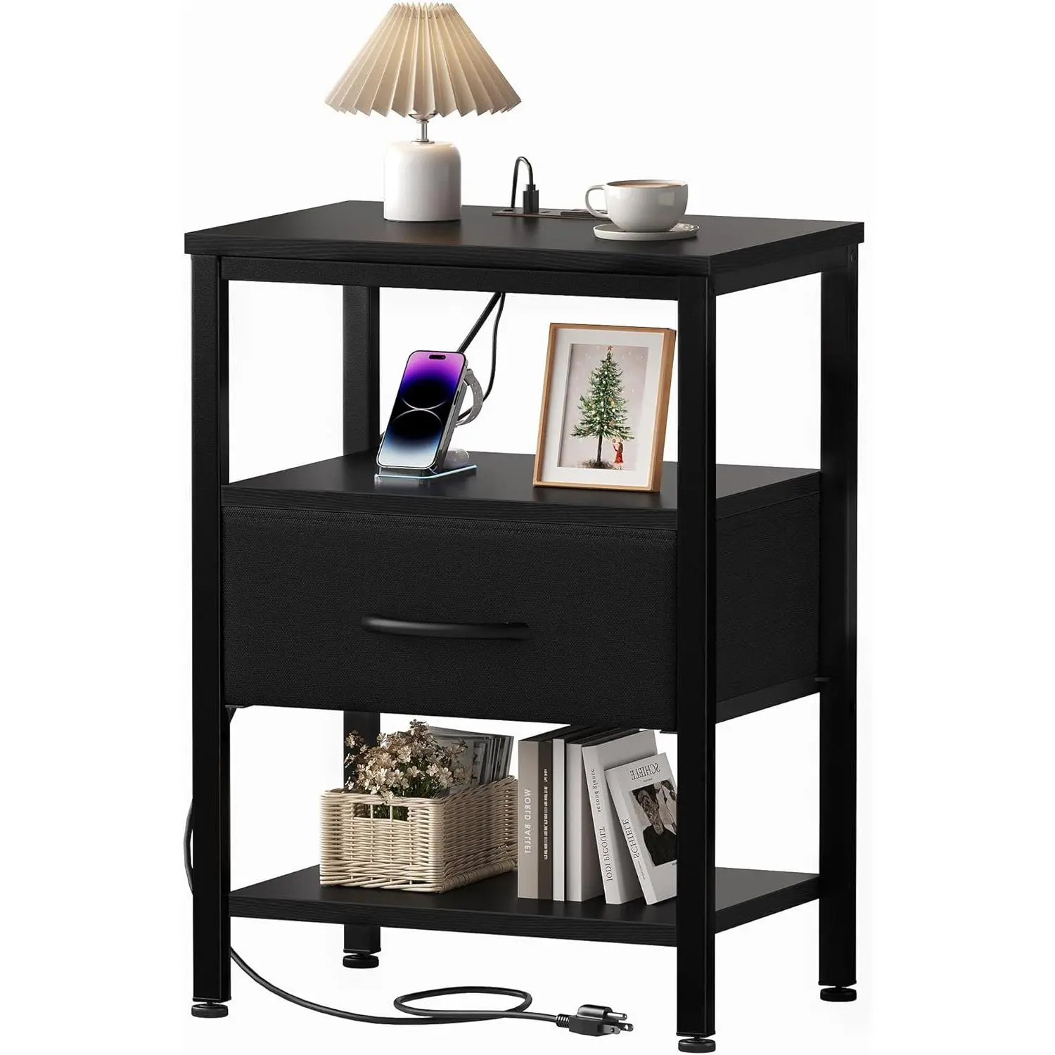 Sleek Metal Bedroom Nightstand with Carbon Steel Frame - 2 AC Outlets, 1 USB-A Port, 1 USB-C Port, 4.9FT Cord, Fabric Drawer, Height-Adjustable 22 lbs Middle Shelf for Small Rooms & Small Spaces, Adjustable Shelf, Charging Hub, Charging Station, Small Spa