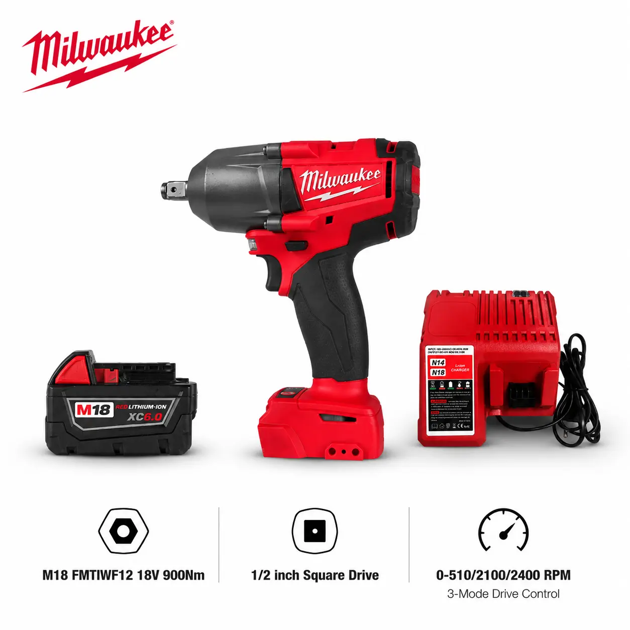 Milwaukee M18 18V Cordless 1/2-Inch Drive Impact Wrench Tool for Automotive Mechanics Heavy Equipment Fleet Maintenance M22 Bolt Fastening Featuring 900 Nm Nut Busting Torque 3-Speed Control Friction Ring