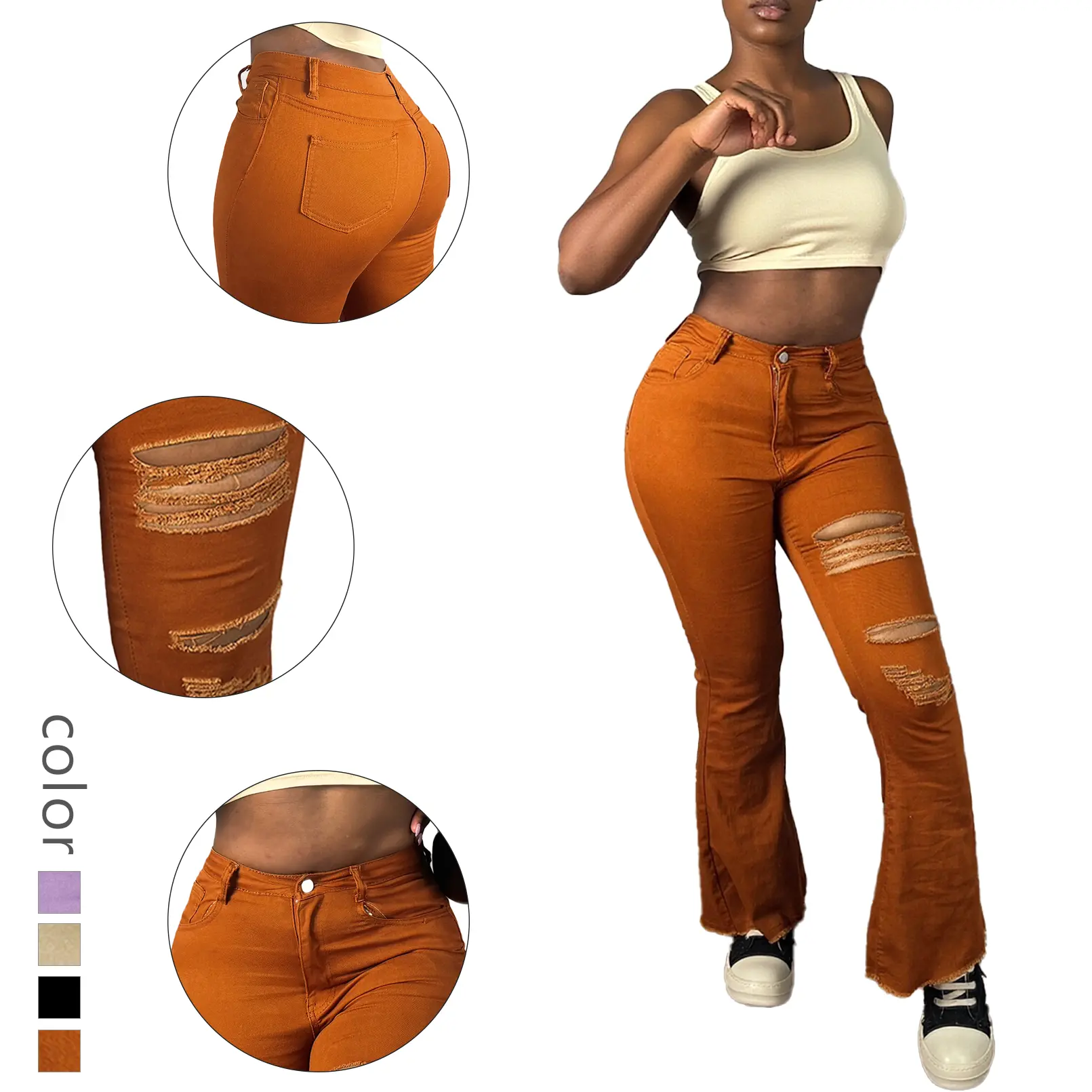 Women's Orange High Waisted Jeans - Ripped Flare Denim Pants with Edgy Vibe