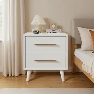 Gizoon Night Stand Solid Wood Side Table with Metal Handle Modern Bedside Table with 2-Drawers for Bedroom White/Black Nightstand Apartment Furniture Space-Saving