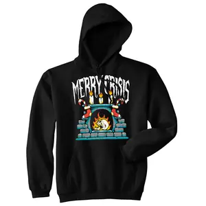 Merry Crisis Unisex Hoodie Funny Sarcastic Christmas Graphic Novelty Hooded Sweatshirt Unisex Vintage Fashion Hoodies Christmas Hoodie Funny mental health Pullover Novelty Sweatshirt Black -