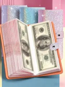 Large Capacity Storage Book Money Saving Notebook PU Leather 50 Inner Pages 100 Bills Capacity Stamp Bank Card Collection Album Wallet Waterproof Dirt Resistant Colorful Snap Button Design