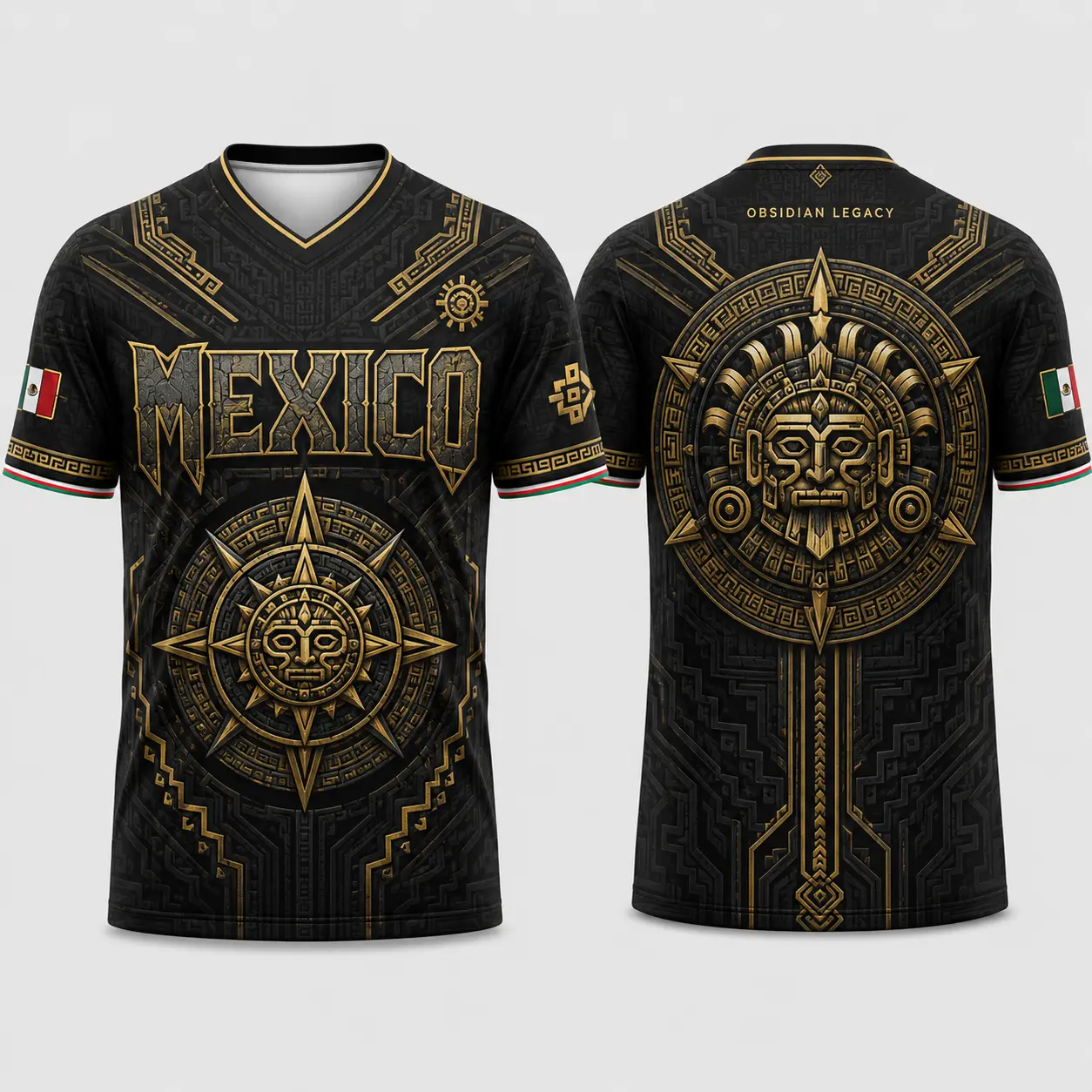 Men's Sporty Chic Male Mexican-Inspired Black Gold V-Neck Graphic Sports Top - Obsidian Mask Geometric All-Over Print, Short Sleeve, Lightweight Cultural Casual, Multi-Size Including 2XL, for Summer Vibes, Festivals, Parties