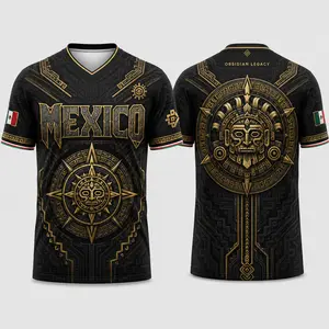 Mexican-Inspired Black Gold V-Neck Graphic Shirt, Obsidian Mask Geometric Print Short Sleeve Sports Top, Cultural Casual Shirt for Men summervibes