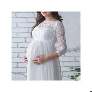 Lace 3/4 Sleeve Long Maternity Dress for Wedding Party Photography